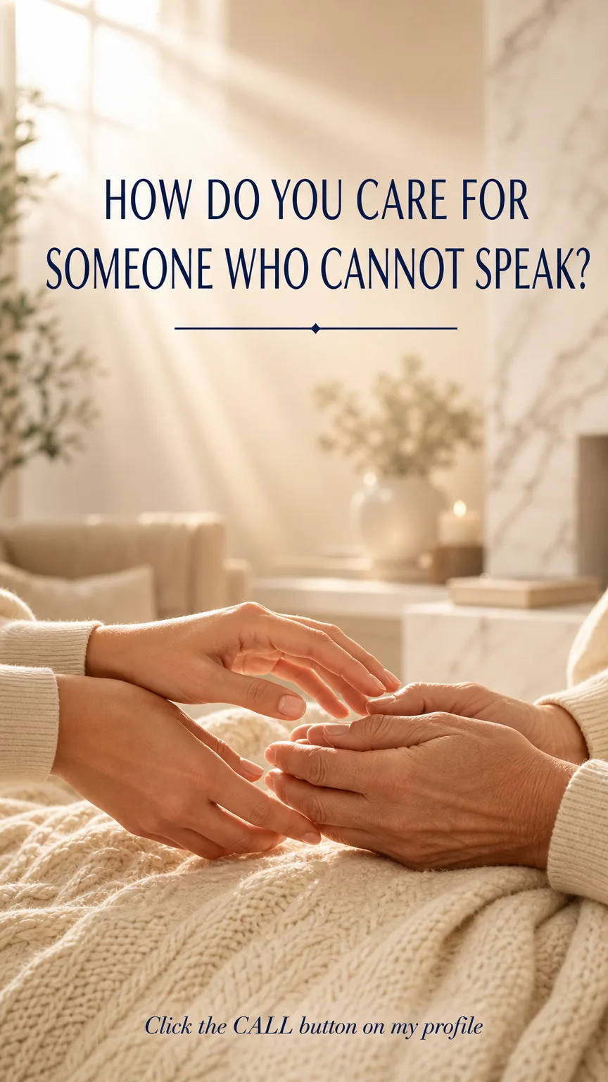 Post mostrando mãos entrelaçadas em tons quentes, com a pergunta How do you care for someone who cannot speak